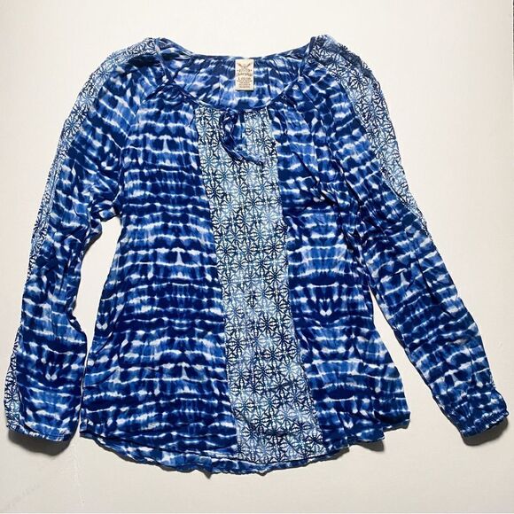 Faded Glory Women Blue Pullover Boho Rayon Blouse Loose Fitting Tie Neck Size L - Picture 1 of 7